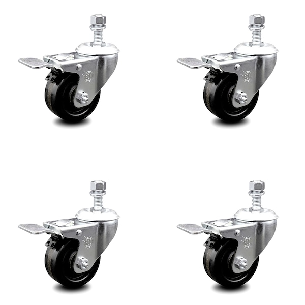 3 Inch Phenolic Swivel 1/2 Inch Threaded Stem Caster Set with Total Lock Brake SCC